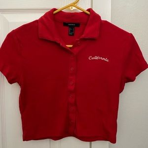 Red button-up cropped shirt